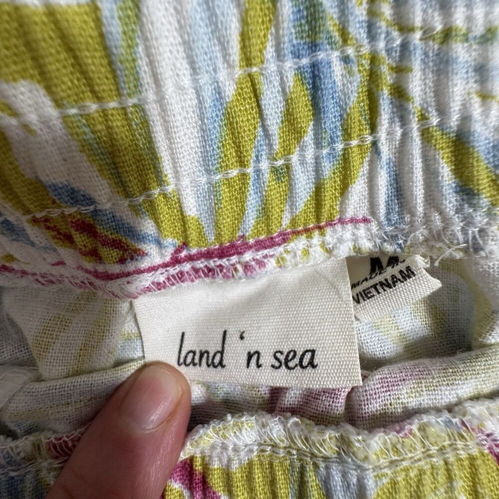 * LAND N SEA Linen Blend Pull On Pants Blue FLORAL Crop Elastic Waist Women's M - Picture 4 of 10
